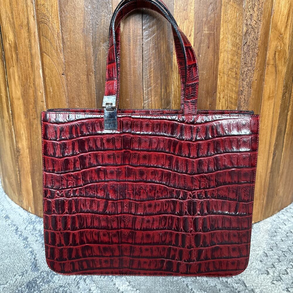 Elegance Paris Crocodile Embossed Red Leather Top Handle Bag Tote D